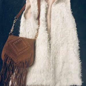Tan suede satchel with fringe and gold hardware